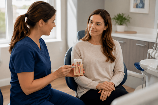 Dental professional explaining root canal treatment to an adult patient using a tooth model.