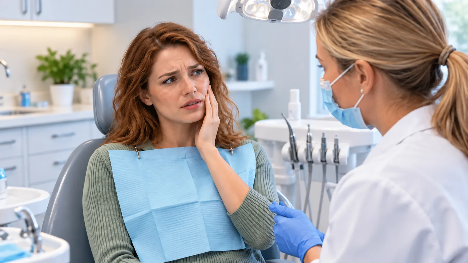 Woman with facial swelling discussing dental pain with a dentist in a dental clinic.