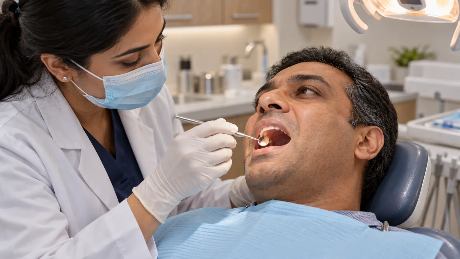 Dentist examines a comfortable patient's back teeth with a dental mirror in an enclosed exam room.